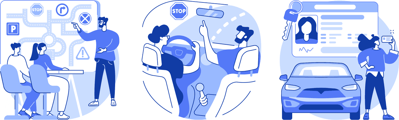 driving school three illustrations