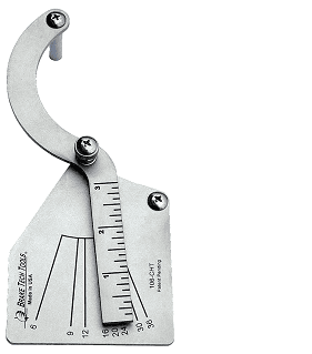 The image features a specialized measuring tool designed for assessing the stroke of brake chambers in heavy-duty vehicles. This precision instrument, crafted from stainless steel, includes a curved arm and a built-in ruler with graduated markings to provide accurate measurements. It is essential for ensuring that the stroke within the brake chamber is within specified limits, which is critical for the safe operation of air brake systems in commercial vehicles.